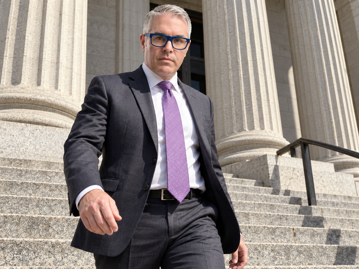 Fictional Jordan Wolff portrait on courthouse steps.