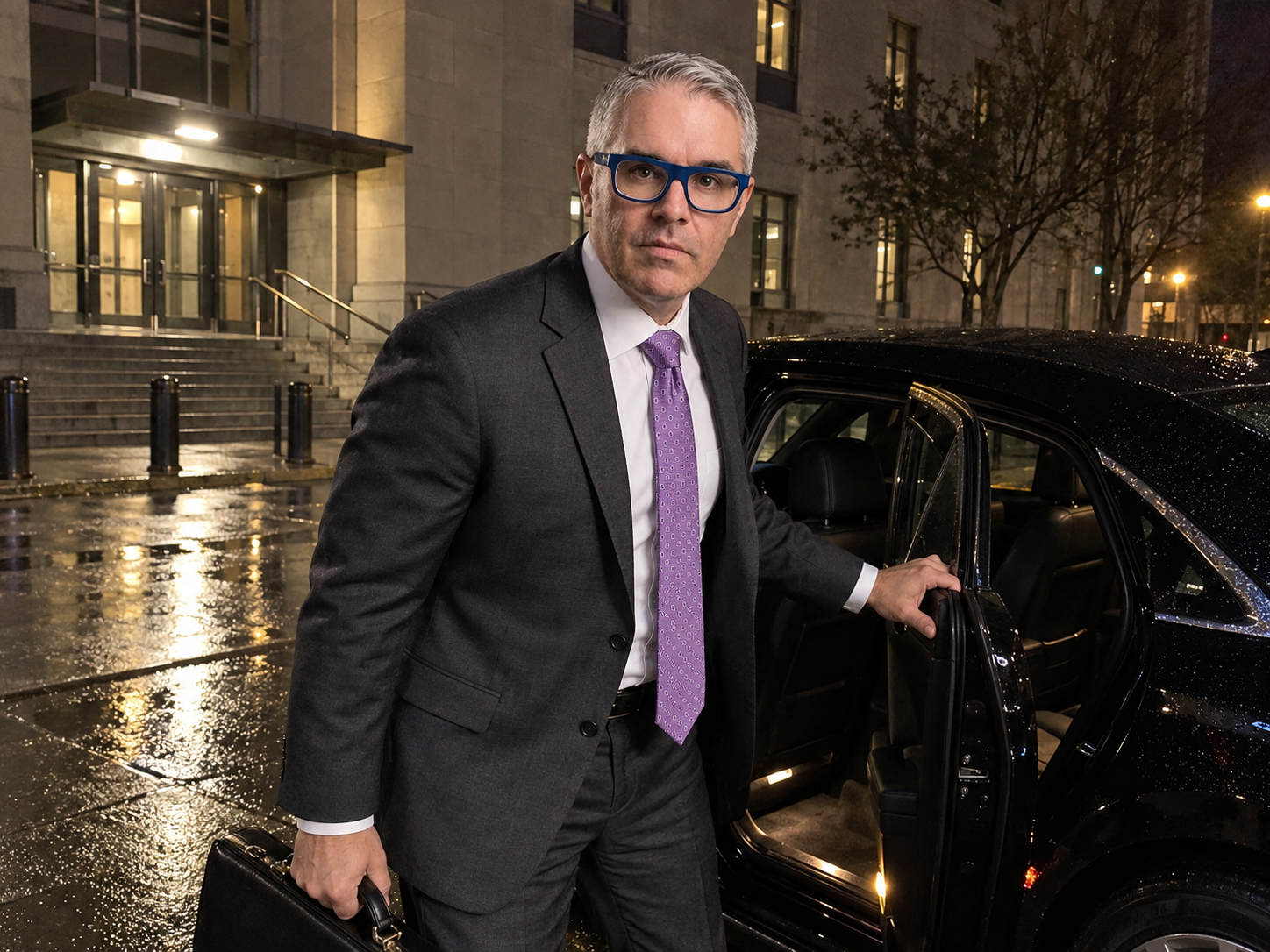 Fictional Jordan Wolff arriving at night beside a black car.